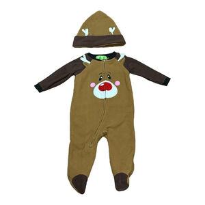 Reindeer Sleeper Infant 6-9 Months Brown Fleece Footed Zip Pajamas Hat One-piece